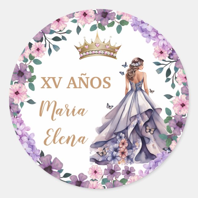 Sticker Rond Flores pourpres et papillons : Quinceañera (Devant)