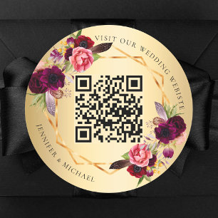 Sticker Rond Flores roses bordeaux dorés mariage QR géométrique