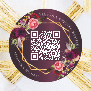 Sticker Rond Flores roses bordeaux or géométrique QR mariage