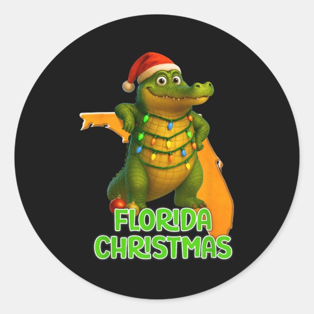 Sticker Rond Florida Christmas Alligator Wearing Santa Hat Vaca (Devant)