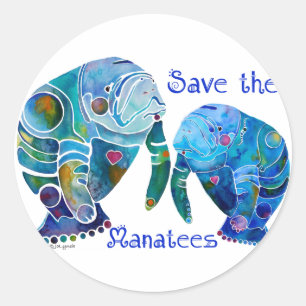 Sticker Rond Floride Sauvez les Manatees dans Vivid Blues