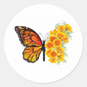 Sticker Rond Flower Butterfly with Yellow California Poppy