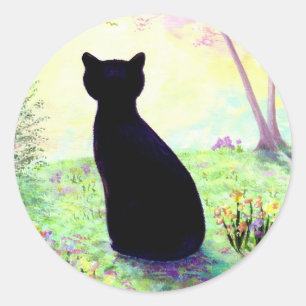 Sticker Rond Flower Garden Floral Chat noir Créationarts