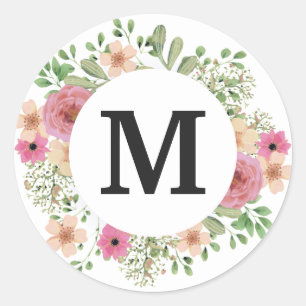 Sticker Rond Flower Wreath Monogramme classique mignon