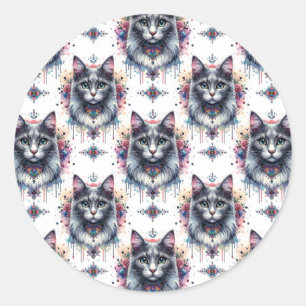 Sticker Rond Fluffy Long cheveux gris et blanc Tuxedo Chat