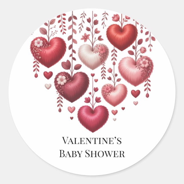 Sticker Rond Fluffy Red Floral Heart Baby Shower (Devant)
