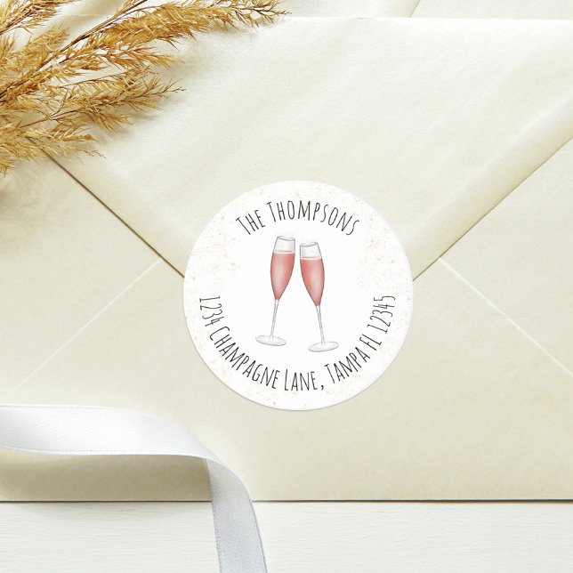 Sticker Rond Flûte à champagne avec adresse de retour aquarelle (Créateur téléchargé)