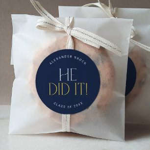 Sticker Rond Flûte moderne Marine Or Il L'A Fait Graduation Sti