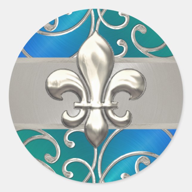 Sticker Rond Flûtes en argent bleu vert Fleur de Lis (Devant)