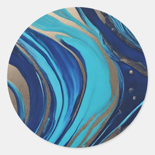 Sticker Rond Flux Abstrait moderne Art-Bleu et Or- (Devant)