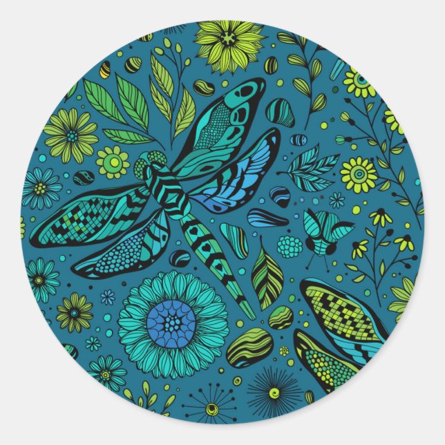 Sticker Rond Fly, fly dragonfly on blue (Devant)