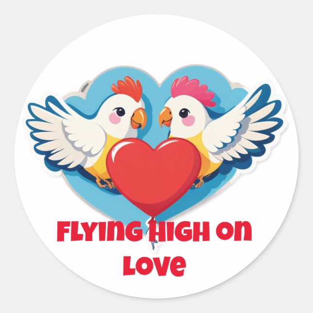 Sticker Rond Flying High on Love – Balloon-Holding Lovebirds (Devant)