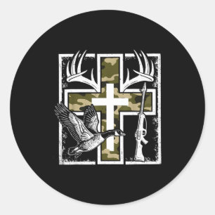 Sticker Rond Foi Pêche Chasse Camo Croix Canard Cerf Christi