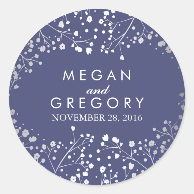 Sticker Rond Foil Baby's Breath Navy et Mariage d'argent (Devant)