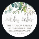 Sticker Rond Foliage Holiday Wings Christmas Retourner l'adress<br><div class="desc">Ces vacances de feuillage voeux Noël retour adresse autocollants sont parfaits pour une carte de vacances rustique ou une enveloppe d'invitation. L'aménagement comprend un cadre boho composé de feuilles verts et de plantes botaniques verdoyantes.</div>