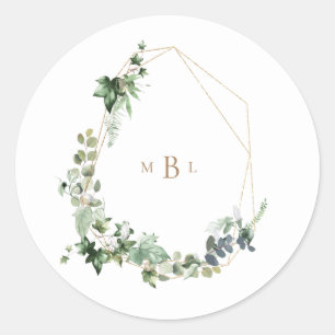 Sticker Rond Foliage & Or Monogramme Blanc Mariage élégant