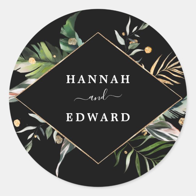 Sticker Rond Foliage tropical sauvage Mariage noir (Devant)