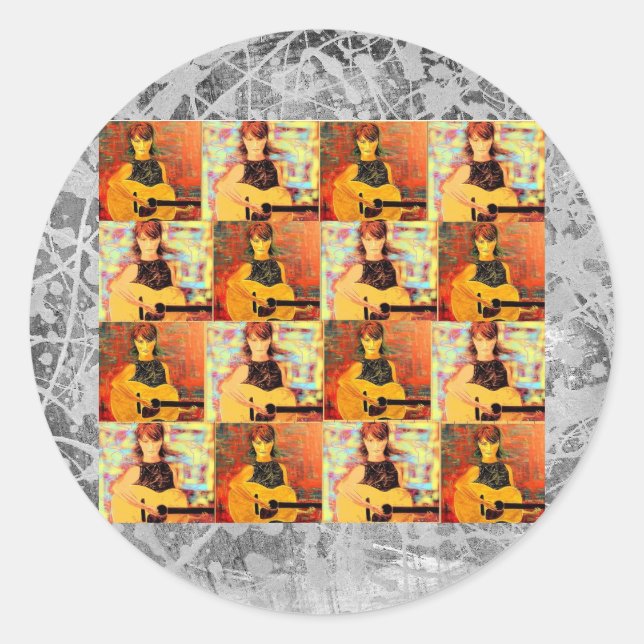 Sticker Rond folk singer fille collage argent drip (Devant)