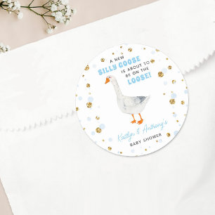 Sticker Rond Folle Oie Garçons Bleu Aquarelle Baby Shower