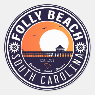 Sticker Rond Folly Beach SC Souvenirs Retro Sunset Pier 60s
