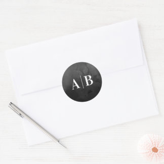 Sticker Rond Fond de papier aquarelle noir Monogramme de mariag