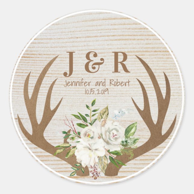 Sticker Rond Fond floral et bois Boho bois de cerf Monogramme (Devant)