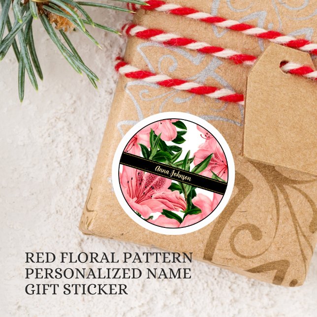 Sticker Rond Fond floral rouge élégant avec nom personnalisé (Créateur téléchargé)