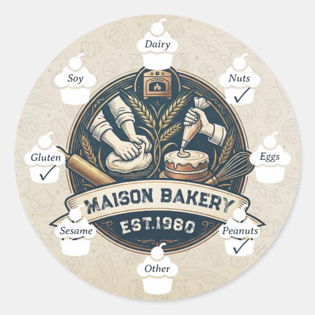 Sticker Rond Food Safety Allergy Alert Rustic Bakery Cake Store (Devant)