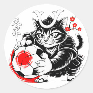 Sticker Rond Football Artistique de Chat Samouraï pour Ordinate