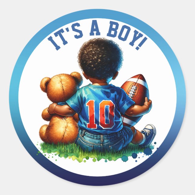 Sticker Rond Football Baby Boy et Teddy Baby shower C'est un ga (Devant)