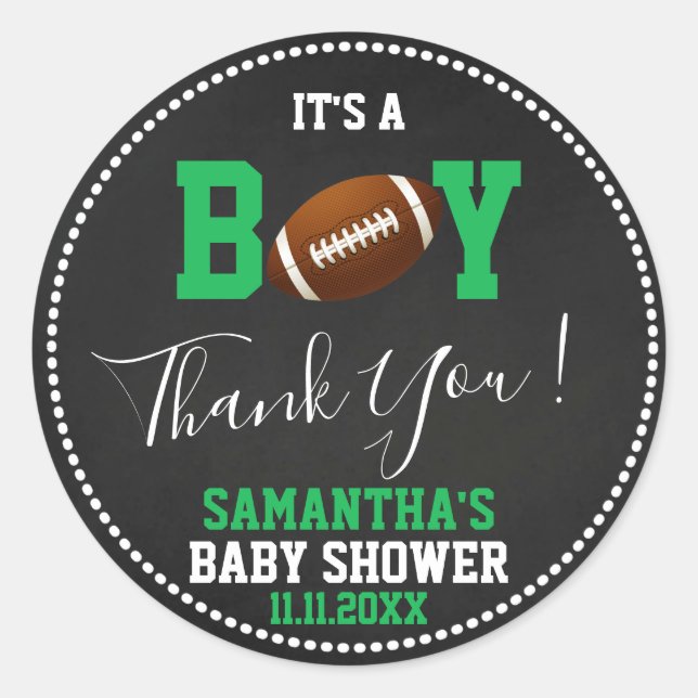 Sticker Rond FOOTBALL Thème Baby shower Chalkboard Green Boy (Devant)