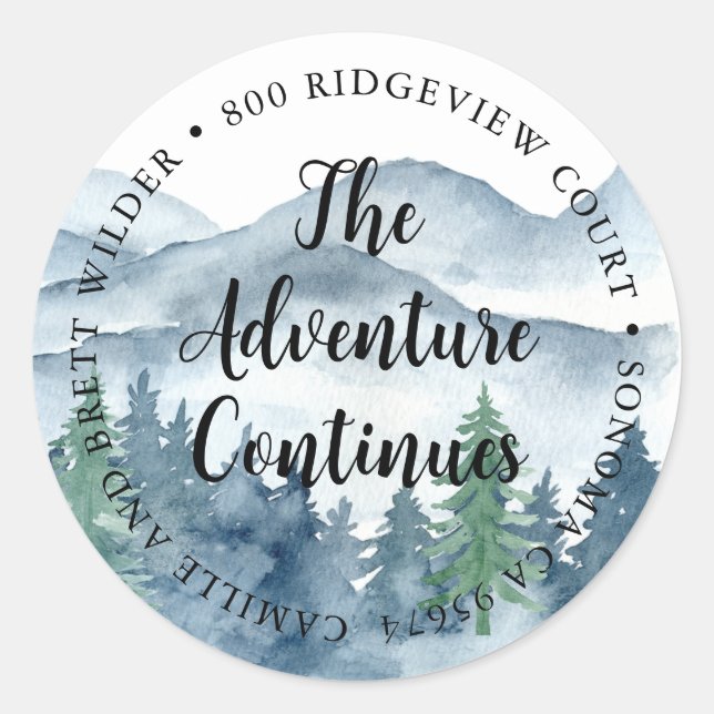 Sticker Rond Forest Adventure Watercolor Mountains Adresse (Devant)