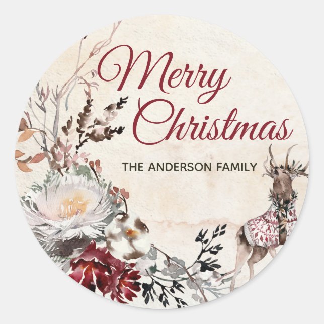 Sticker Rond Forest Deer Joyeux Noël avec nom (Devant)