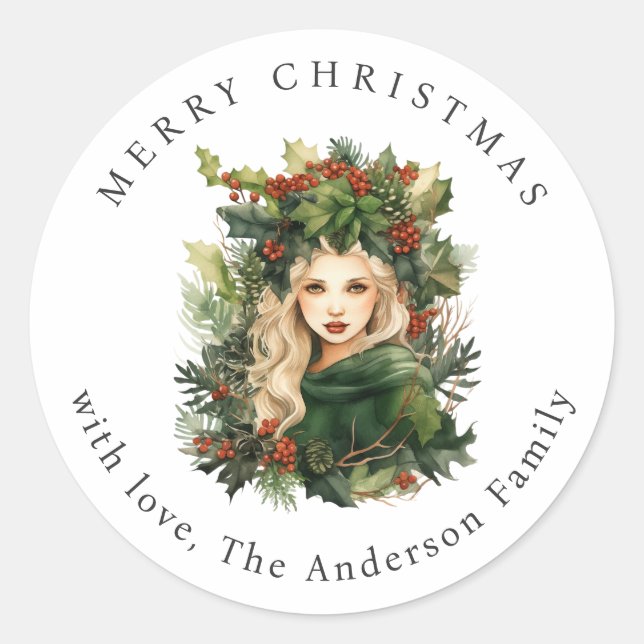 Sticker Rond Forest Goddess Holly Red Berries Christmas Holiday (Devant)