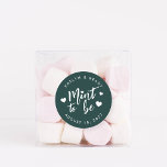 Sticker Rond Forest Green Mint to Be Personalized Wedding Favor<br><div class="desc">Punny wedding favor stickers feature "mint to be" in white hand lettered script accented with hearts,  on a dark forest green background. Personalize with your names and wedding date.</div>