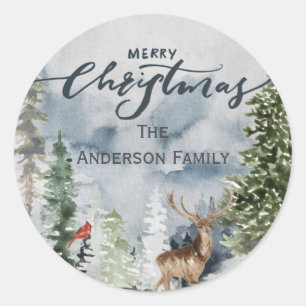 Sticker Rond Forest Woodland Joyeux Noël Nom de famille