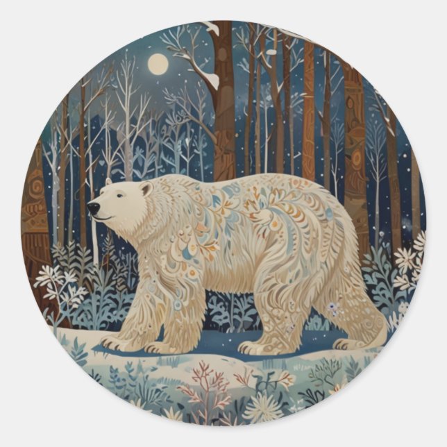 Sticker Rond Forêt bohème d'hiver de l'ours blanc rétro (Devant)