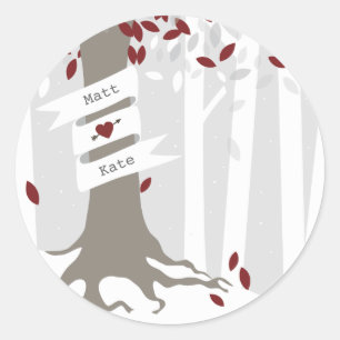 Sticker Rond Forêt Bois hiver neige Mariage rouge