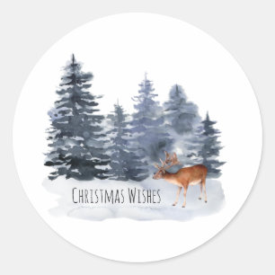 Sticker Rond Forêt d'aquarelle bleue avec cerf