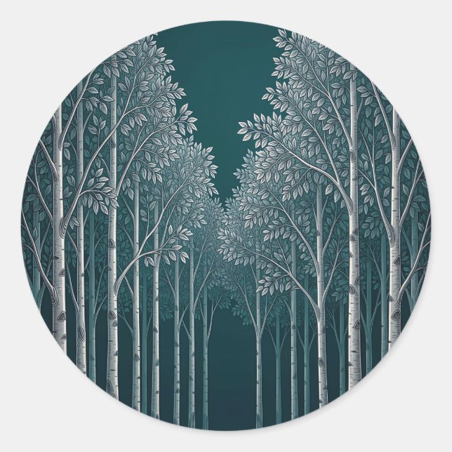 Sticker Rond Forêt d'arbres blancs de bouleau sarcelle foncée  (Devant)