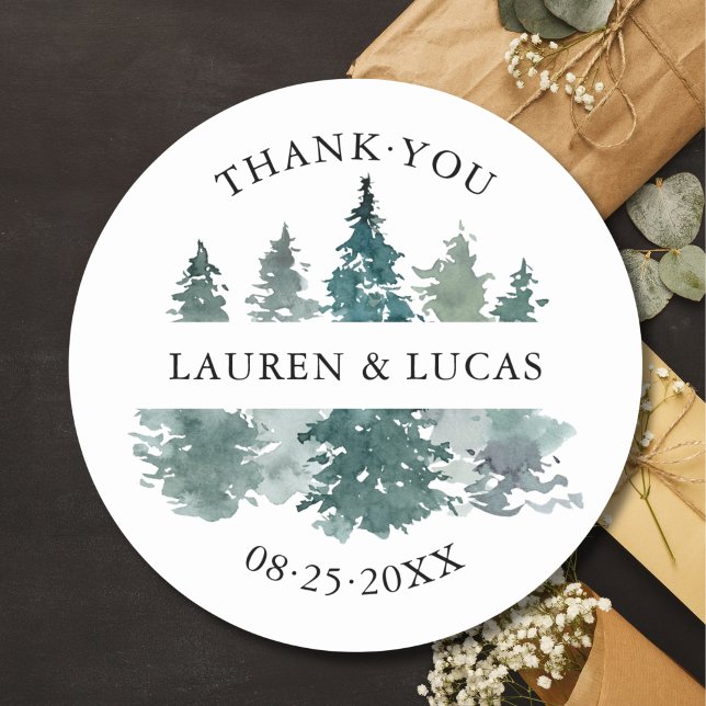 Sticker Rond Forêt d'arbres rustiques Merci Mariage (Rustic Trees Forest Woodland Mountain Thank You Wedding Classic Round Sticker)