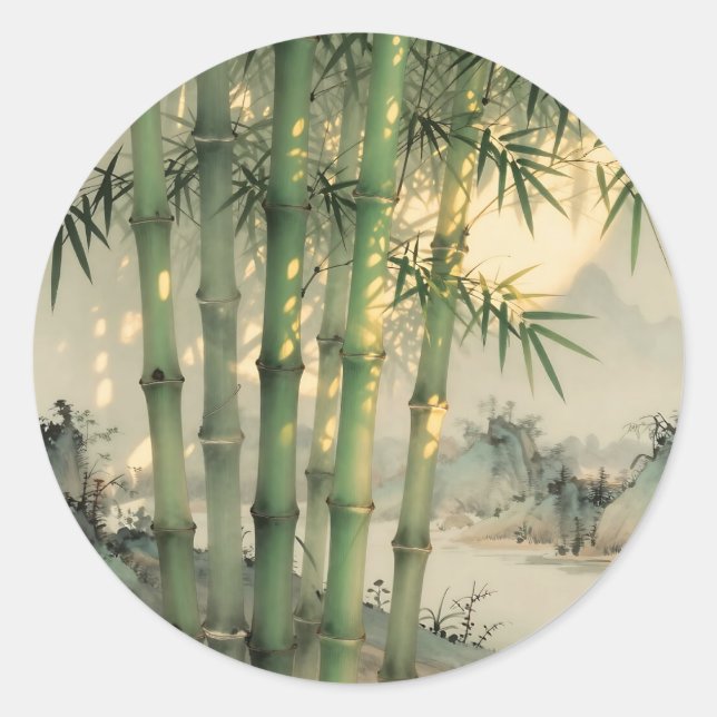 Sticker Rond Forêt de bambou vert encre chinoise (Devant)