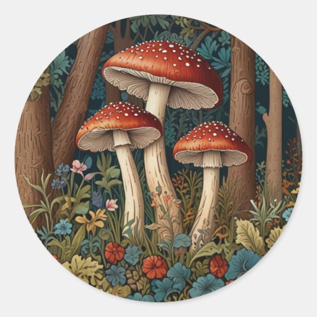 Sticker Rond Forêt de champignons rétro (Devant)