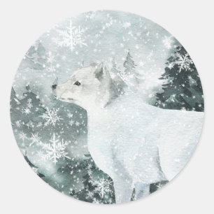 Sticker Rond Forêt de montagne Snowland Forêt de renard arctiqu