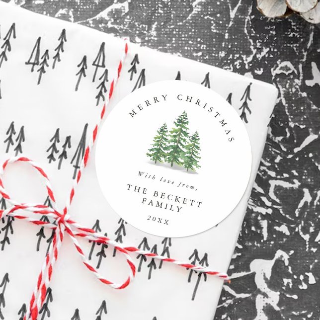 Sticker Rond Forêt de Noël aux pins à l'aquarelle (Créateur téléchargé)