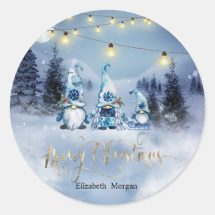 Sticker Rond Forêt de pins,Paysage,Lumières de guirlande Gnomes