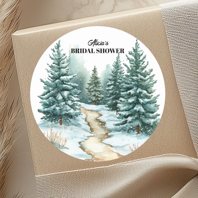 Sticker Rond Forêt de pins sous la neige Mariage hivernal (Créateur téléchargé)