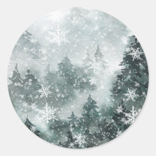Sticker Rond Forêt des bois neigeux