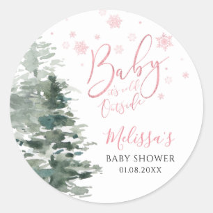 Sticker Rond Forêt d'hiver rose Il fait froid dehors Baby showe