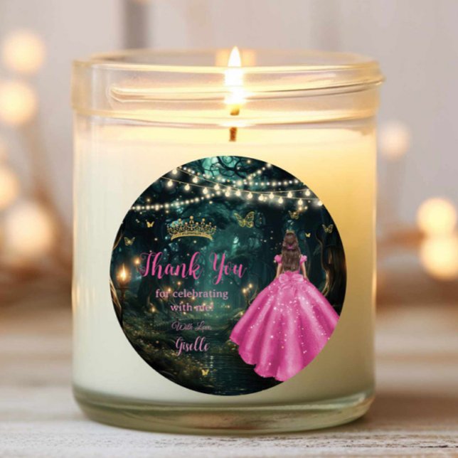 Sticker Rond Forêt enchantée Fuchsia Robe rose Quinceañera 16 (Créateur téléchargé)